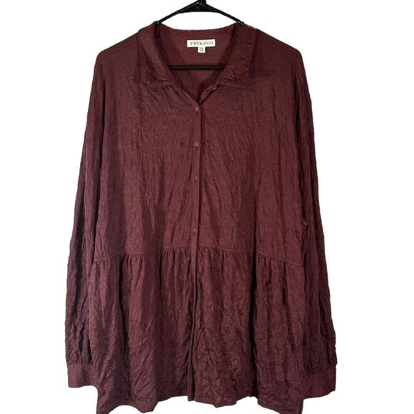 Frye Maroon Long Sleeve Collared Textured Peplum Button Down Blouse Women Sz XXL - Picture 1 of 10